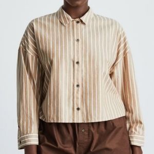 Everlane Women's Blue tan Striped Woven Cotton PJ Top Button Crop Size S